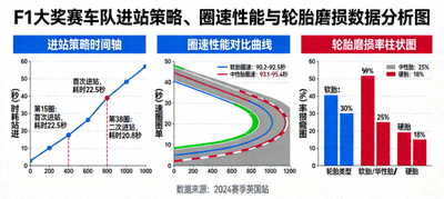 F1大奖赛车队进站策略、圈速性能与轮胎磨损数据分析图