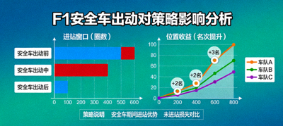 F1安全车出动对策略影响的数据分析图，展示进站窗口与位置收益变化