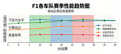 F1各车队赛季性能趋势图，展示每站比赛后的下压力水平、引擎动力与底盘效率变化