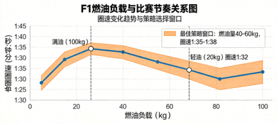 F1燃油负载与比赛节奏关系图，展示不同燃油量下的圈速变化与策略窗口