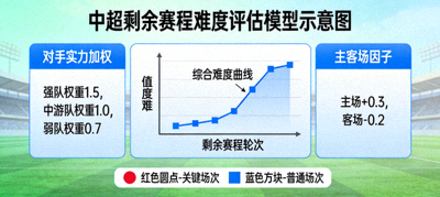 中超剩余赛程难度评估模型示意图，包含对手实力加权与主客场因子