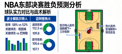 NBA东部决赛胜负预测分析图表与战术板图示，展示球队实力对比