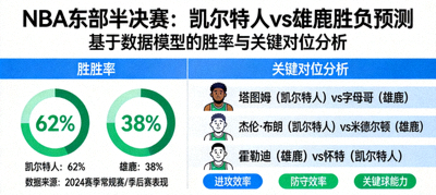 NBA东部半决赛凯尔特人对阵雄鹿的胜负预测数据图，展示胜率与关键对位分析