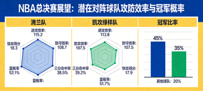 NBA总决赛展望数据图，展示潜在对阵球队的攻防效率雷达图与冠军概率
